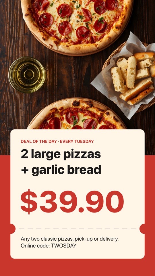 Pizza deal of the day digital signage template (portrait): Portrait coupon-style deal with a giant price
