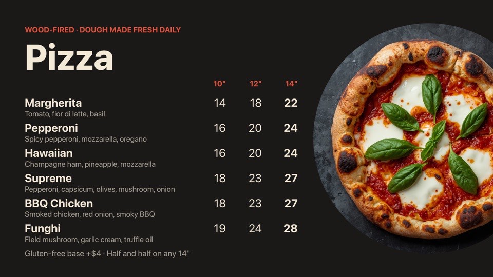 Pizza menu digital signage template (landscape): Six pizzas in three sizes with a round hero pizza photo