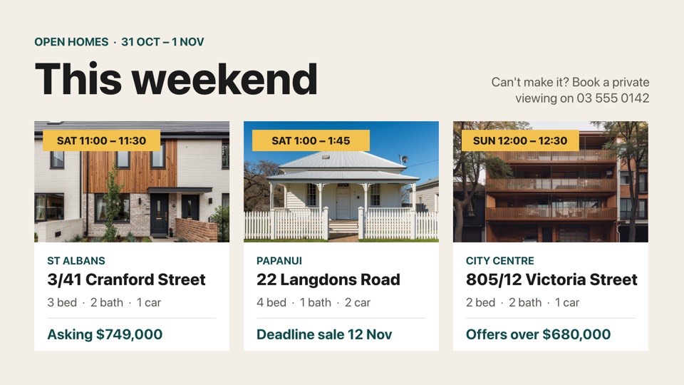 Open homes this weekend digital signage template (landscape): Three property cards with open home times, stats and prices