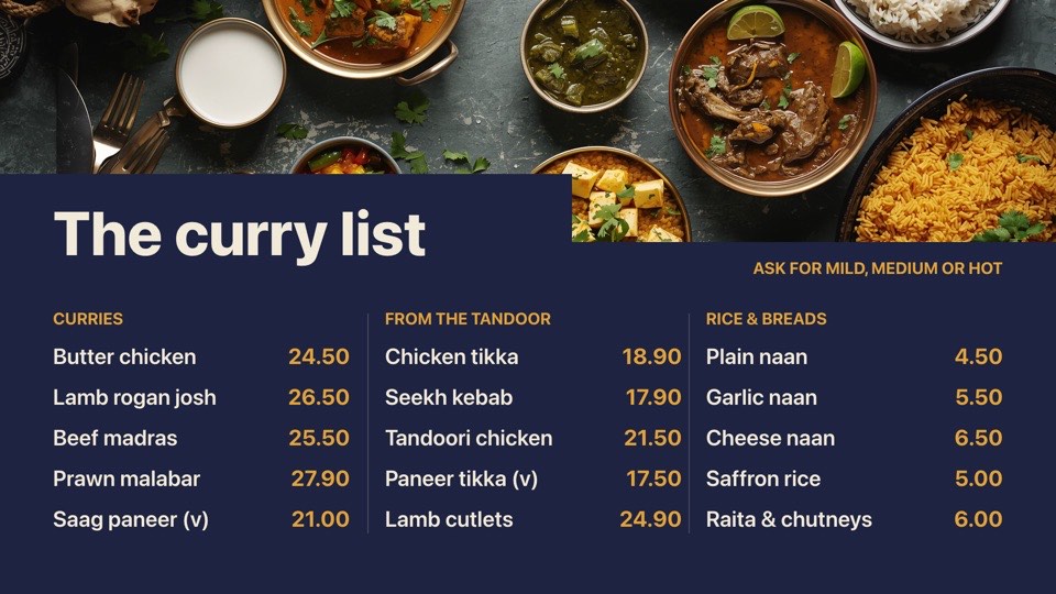Curry house menu digital signage template (landscape): Curries, tandoor and breads in three columns under a spread photo