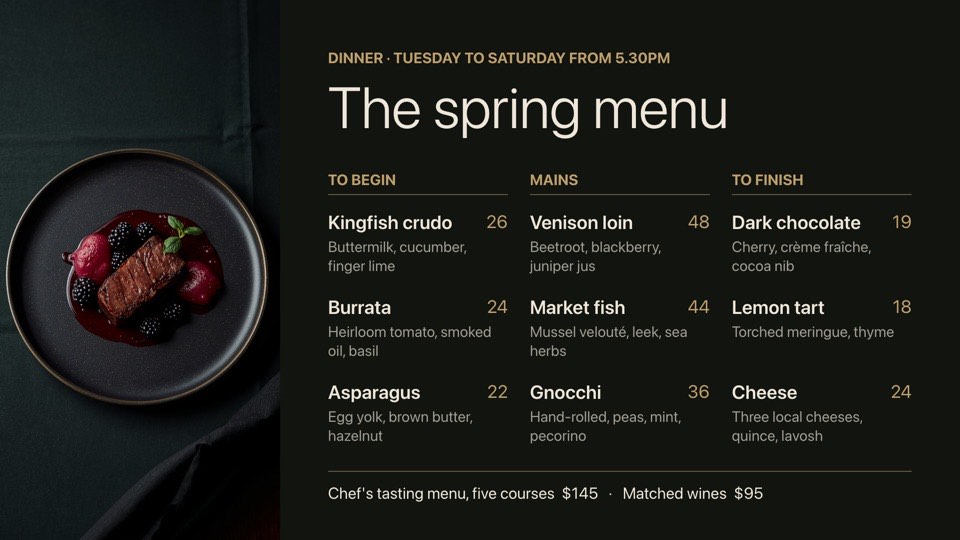 Fine dining dinner menu digital signage template (landscape): Three-course dinner menu with an elegant photo sidebar