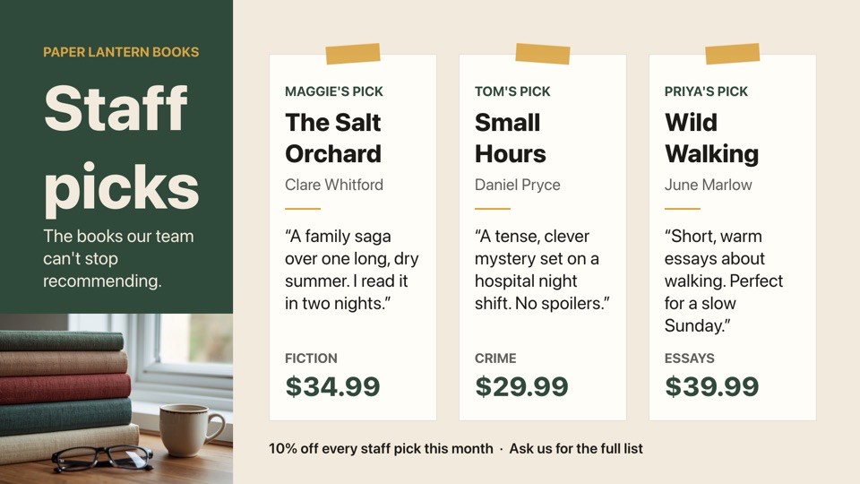 Bookshop staff picks digital signage template (landscape): Three shelf-talker cards with staff reviews and prices