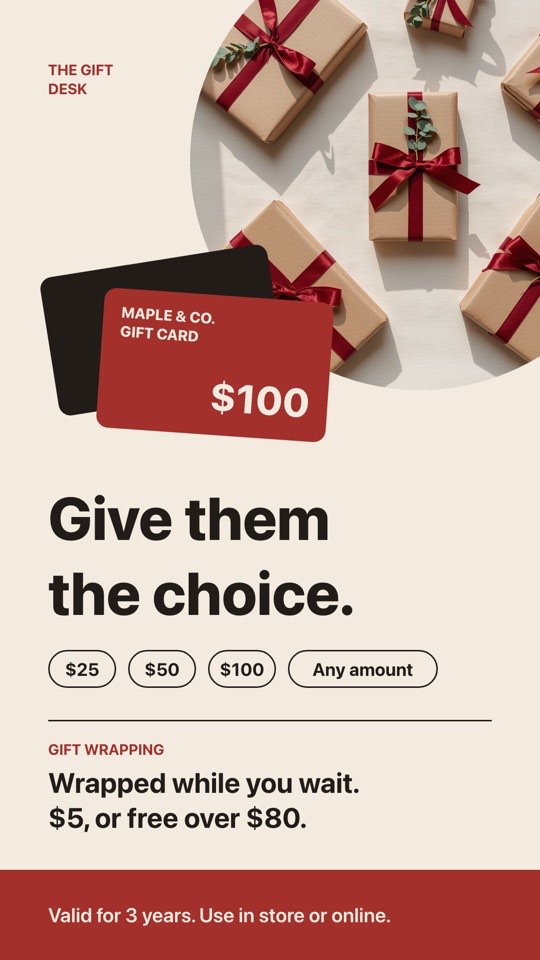 Gift cards & gift wrapping digital signage template (portrait): Stacked gift card graphic, amounts and free wrapping offer