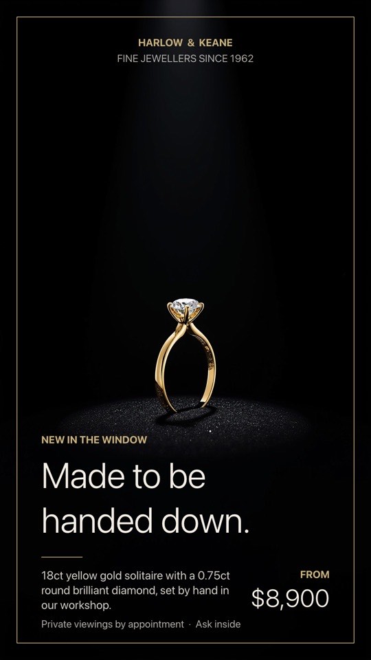 Jewellery window feature digital signage template (portrait): Luxury full-bleed piece with a fine gold frame and price