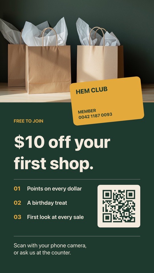 Loyalty club sign-up digital signage template (portrait): Member card, perks list and a big scan-to-join QR code