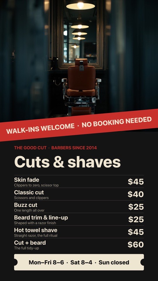 Barber services and walk-ins digital signage template (portrait): Barber price list with a walk-ins banner and opening hours ticket