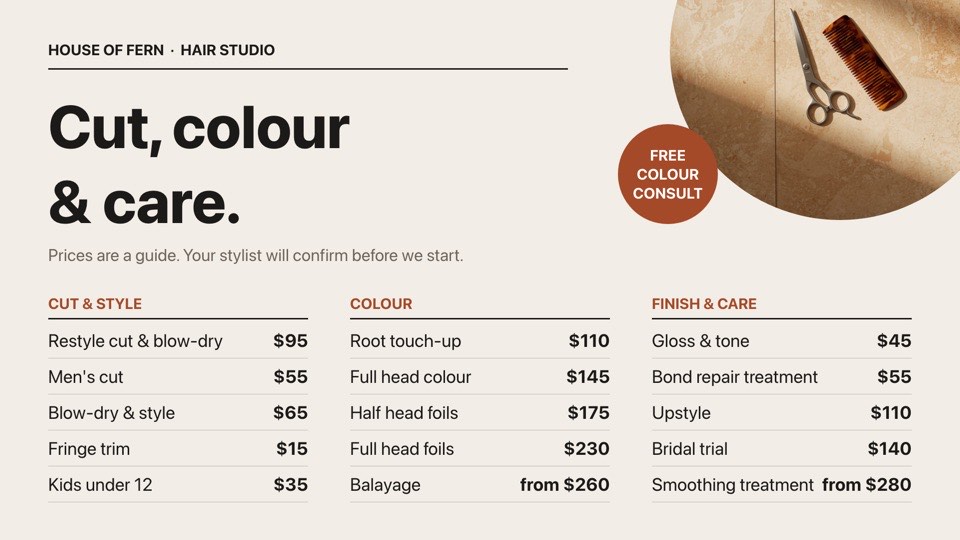 Hair salon price list digital signage template (landscape): Editorial three-column price list for cuts, colour and care