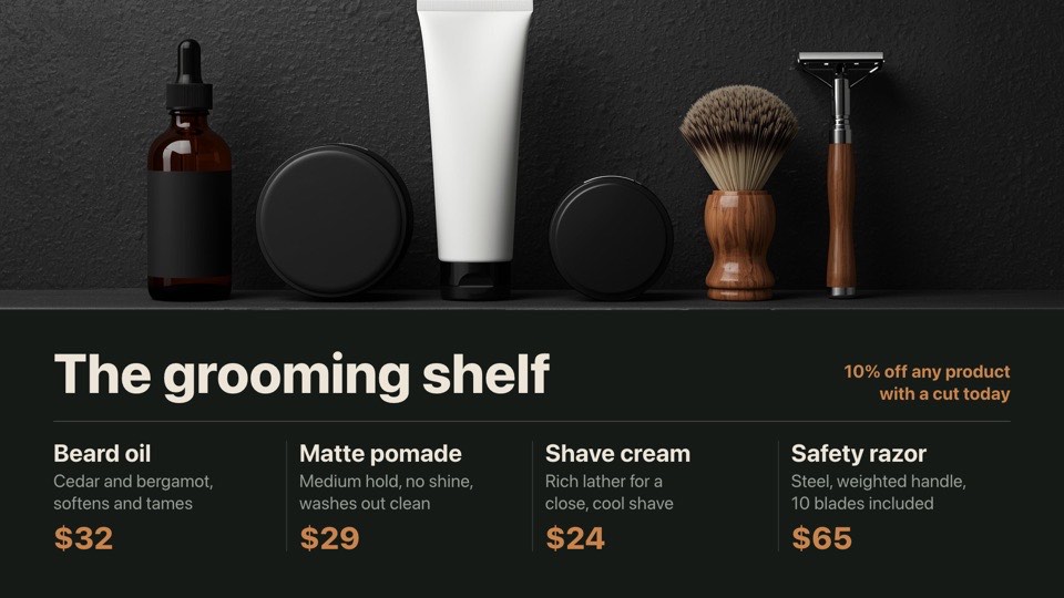 Men's grooming products digital signage template (landscape): Product shelf photo with four grooming products and prices