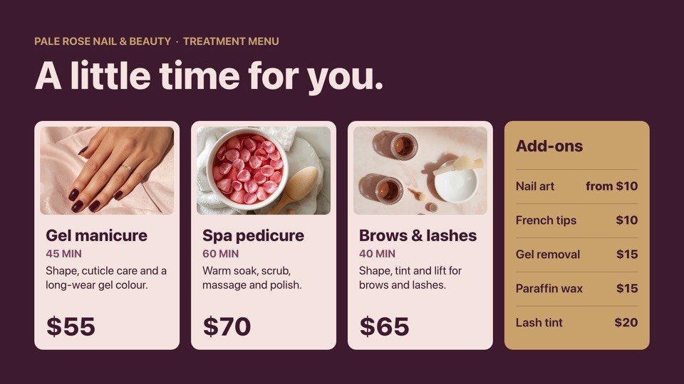 Nail and beauty menu digital signage template (landscape): Treatment cards with photos, times and prices, plus add-ons