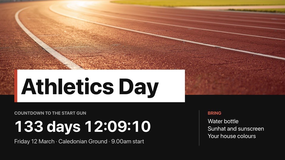 Athletics day countdown digital signage template (landscape): Track photo, sticker-style title and a live countdown to the gun