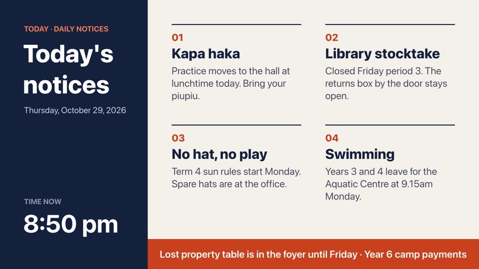 Daily notices digital signage template (landscape): Today's notices in four numbered blocks with a scrolling ticker