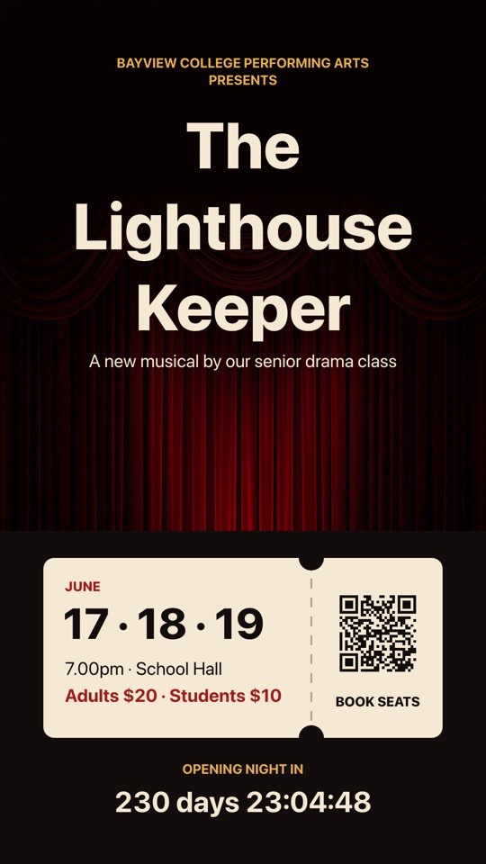 School production digital signage template (portrait): Theatre poster with show dates on a ticket, QR booking, countdown
