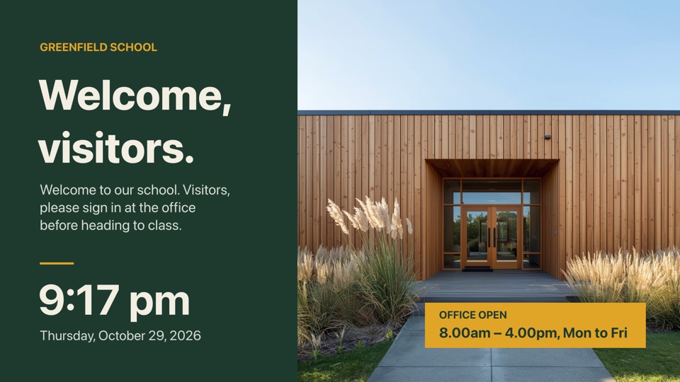 Reception welcome digital signage template (landscape): Warm welcome for the school office with live time and date