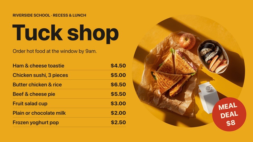 Tuck shop menu digital signage template (landscape): Canteen menu with prices, a round photo and a meal deal badge