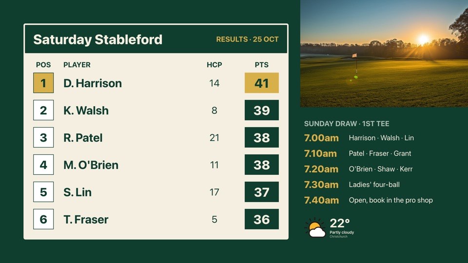 Golf results and tee times digital signage template (landscape): Stableford leaderboard plus tomorrow's tee times and weather