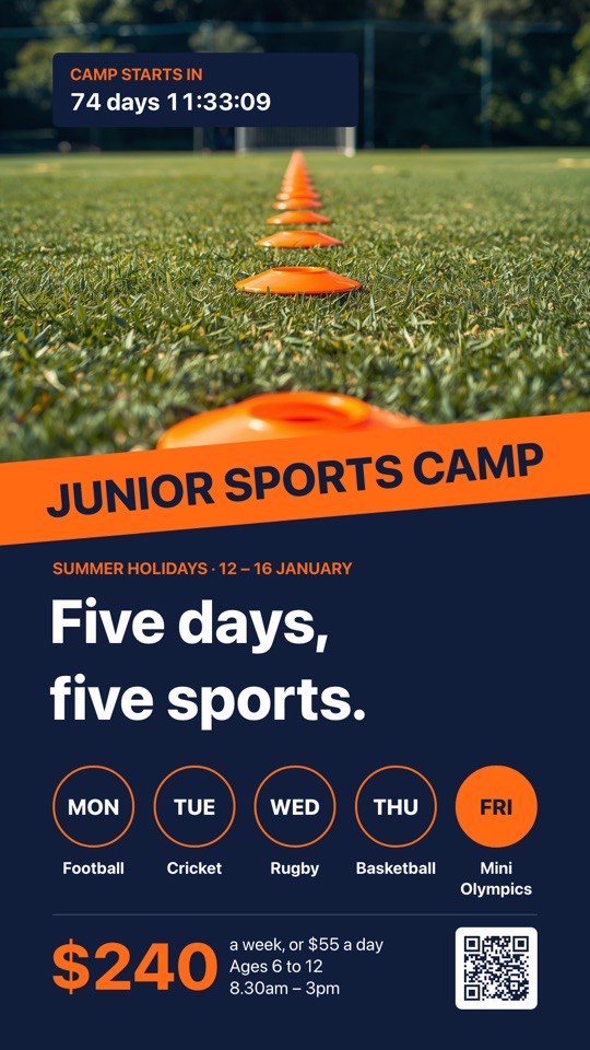 Junior sports holiday camp digital signage template (portrait): Five-day school holiday sports camp with daily sports and price