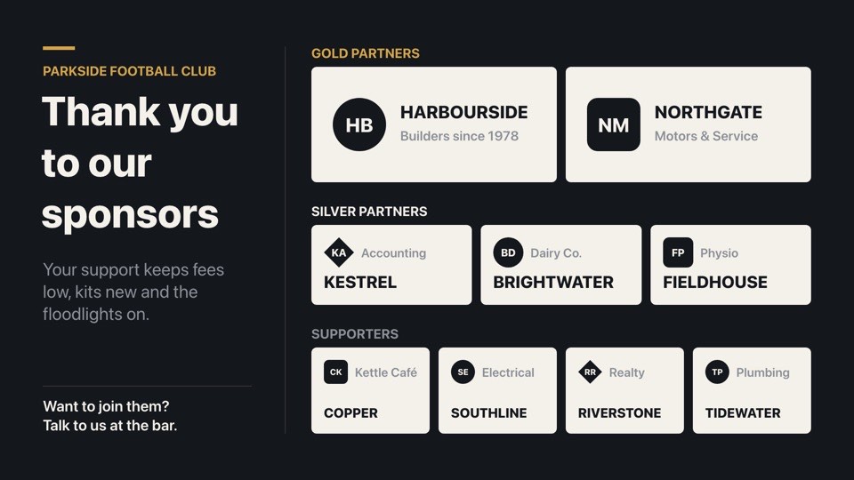 Sponsor thank-you wall digital signage template (landscape): Gold, silver and supporter sponsors as tidy logo tiles