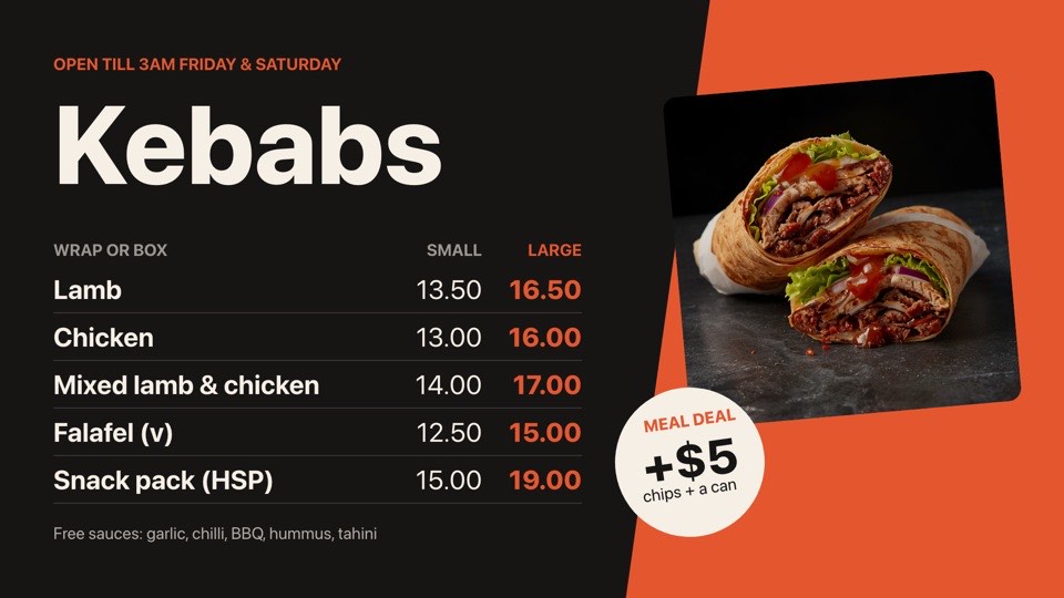 Kebab shop menu digital signage template (landscape): Small and large kebab prices with an angled photo and meal deal