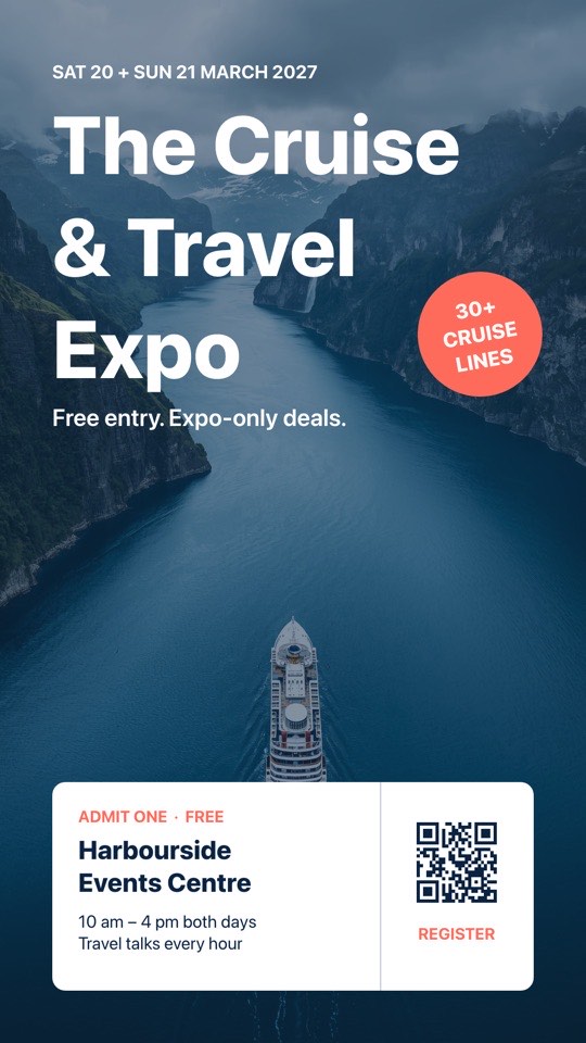 Cruise and travel expo digital signage template (portrait): Full-bleed fjord poster with an admit-one ticket and sign-up QR