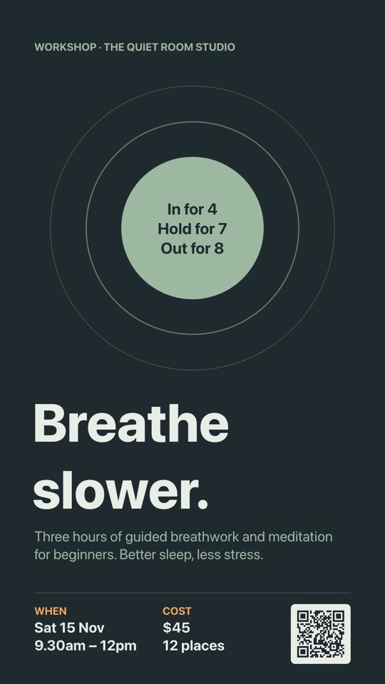 Breathwork workshop digital signage template (portrait): Poster for a breathwork and meditation workshop with booking QR