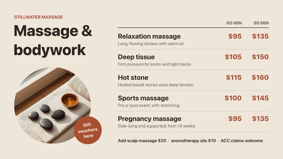 Massage price list digital signage template (landscape): Five massage treatments with 60 and 90 minute prices