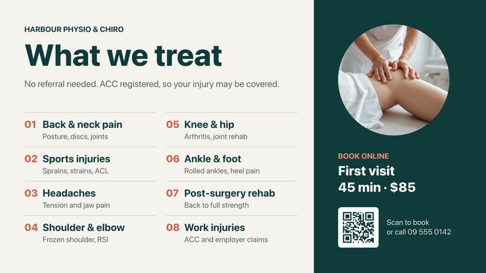 Physio: what we treat digital signage template (landscape): Numbered list of conditions treated, with book-online QR sidebar