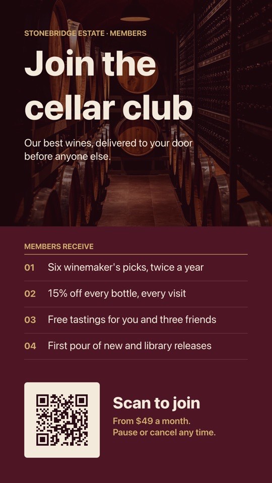 Wine club sign-up digital signage template (portrait): Wine club perks with a QR code to join on the spot