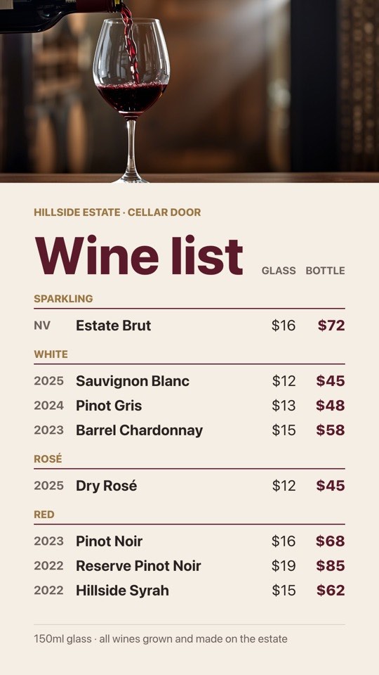 Wine list by the glass digital signage template (portrait): Glass and bottle prices by style, under a slow-pour photo
